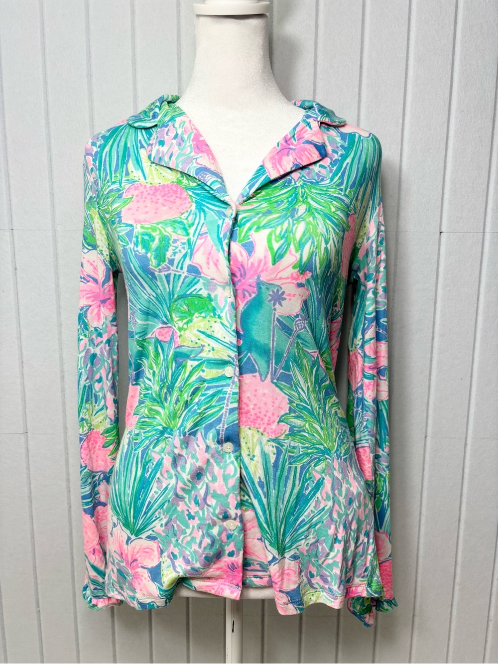 Lilly Pulitzer Pink & Teal Ruffle PJ Button-up Swizzle In Reduced Top Size XXS